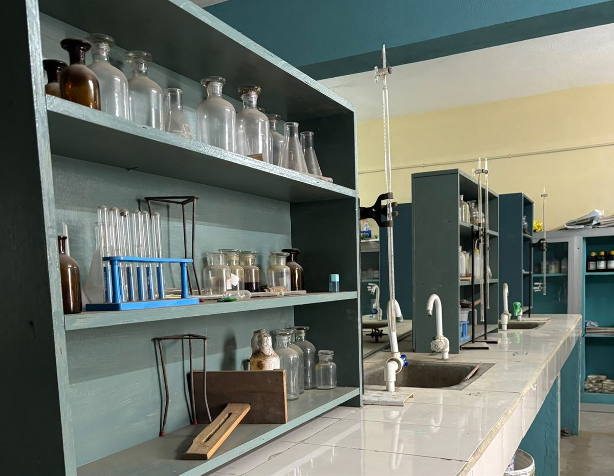The chemistry laboratory, with reagent shelves and working benches